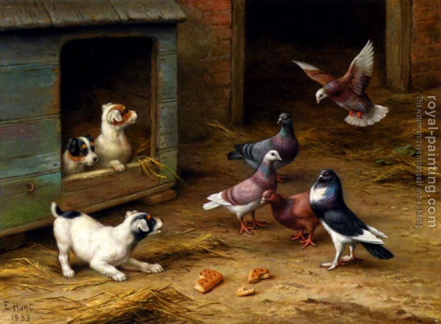 Edgar Hunt : Puppies And Pigeons Playing By A Kennel